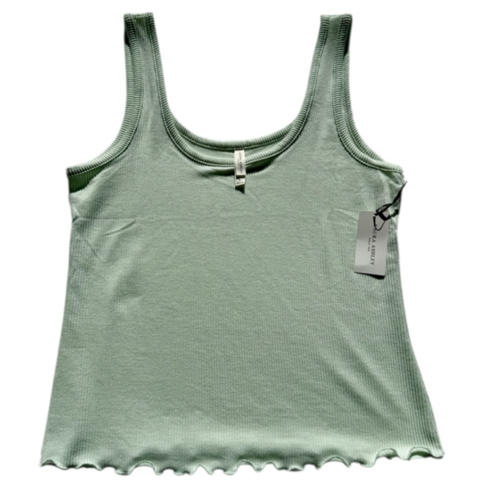 LAURA ASHLEY Sz L Pastel Green Ribbed Scalloped Hem Luxury Soft Tank Top | NWT